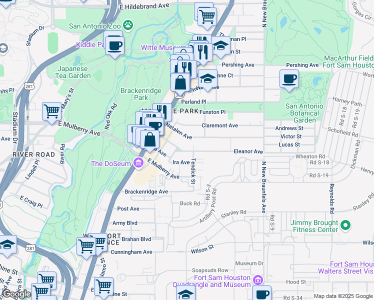 map of restaurants, bars, coffee shops, grocery stores, and more near 329 Eleanor Avenue in San Antonio