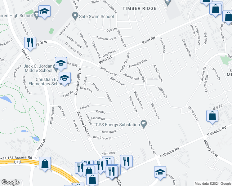 map of restaurants, bars, coffee shops, grocery stores, and more near 2207 Muuga Manor in San Antonio