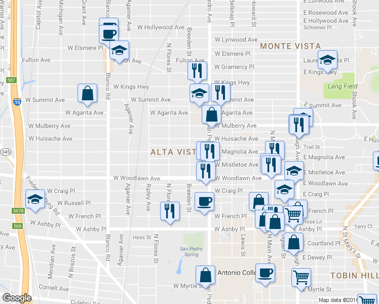 map of restaurants, bars, coffee shops, grocery stores, and more near Breeden St & W Magnolia Ave in San Antonio