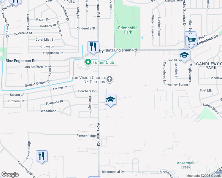 map of restaurants, bars, coffee shops, grocery stores, and more near 2644 Ackerman Road in San Antonio