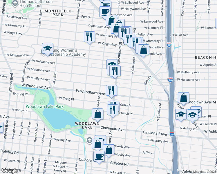 map of restaurants, bars, coffee shops, grocery stores, and more near 3903 N St Marys St in San Antonio