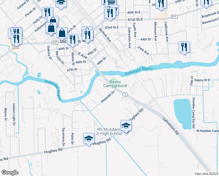 map of restaurants, bars, coffee shops, grocery stores, and more near 5020 Texas 3 in Dickinson