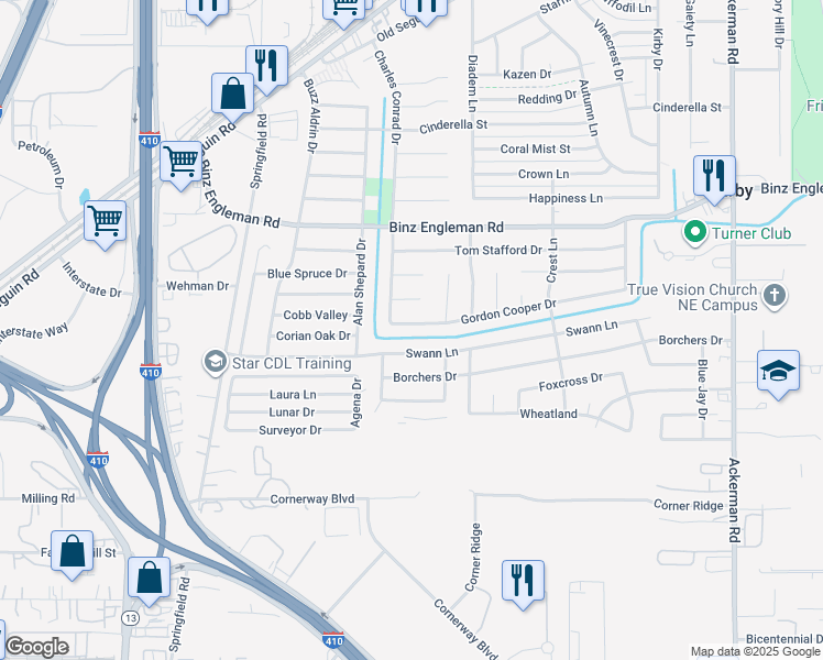 map of restaurants, bars, coffee shops, grocery stores, and more near 5015 Gordon Cooper Drive in San Antonio
