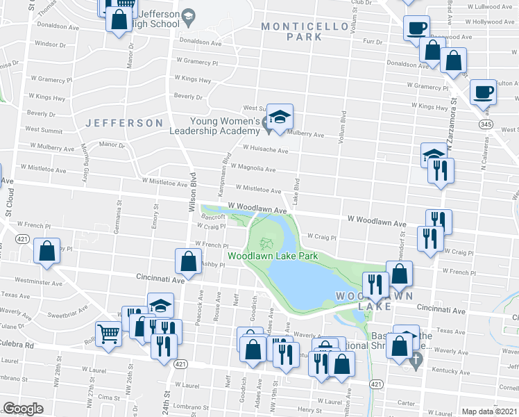 map of restaurants, bars, coffee shops, grocery stores, and more near West Woodlawn Avenue in San Antonio