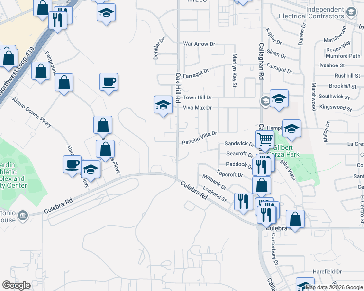 map of restaurants, bars, coffee shops, grocery stores, and more near 2002 Oak Hill Road in San Antonio