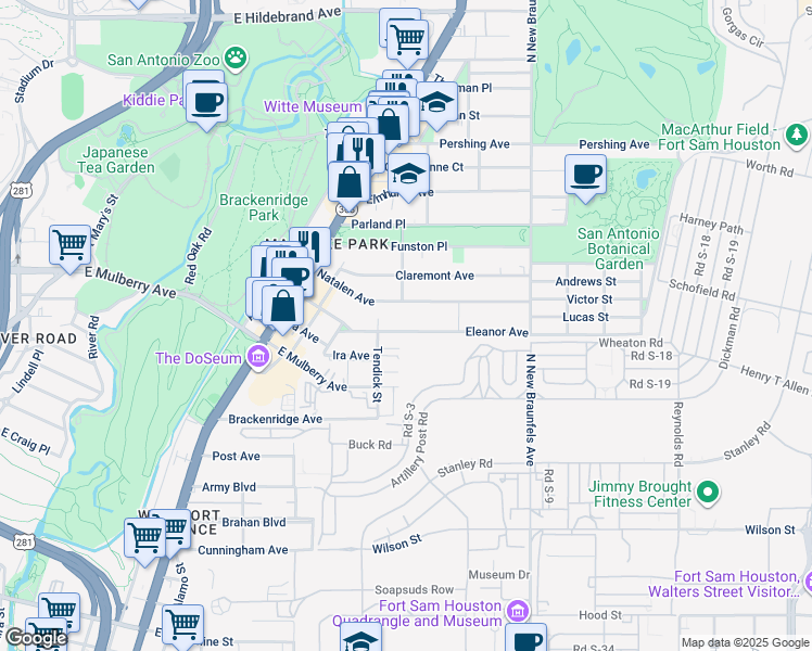 map of restaurants, bars, coffee shops, grocery stores, and more near 421 Eleanor Avenue in San Antonio