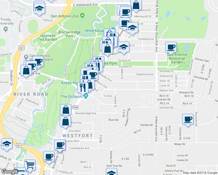 map of restaurants, bars, coffee shops, grocery stores, and more near 321 Eleanor Avenue in San Antonio
