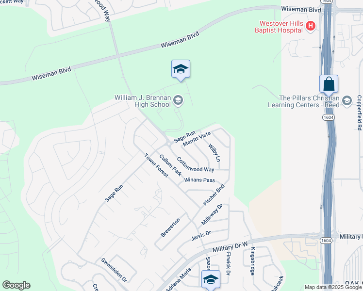 map of restaurants, bars, coffee shops, grocery stores, and more near 2419 Merritt Vista in San Antonio