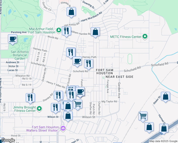 map of restaurants, bars, coffee shops, grocery stores, and more near Schofield Road in San Antonio