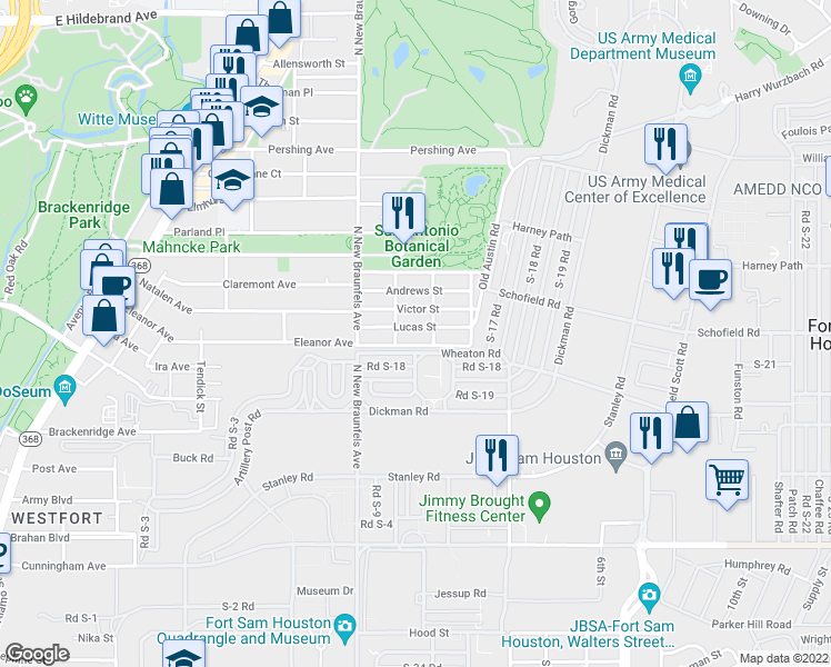 map of restaurants, bars, coffee shops, grocery stores, and more near 216 Lucas Street in San Antonio