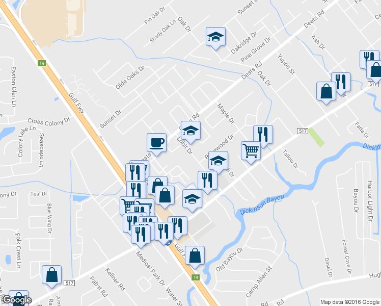 map of restaurants, bars, coffee shops, grocery stores, and more near 3206 Lobit Drive in Dickinson