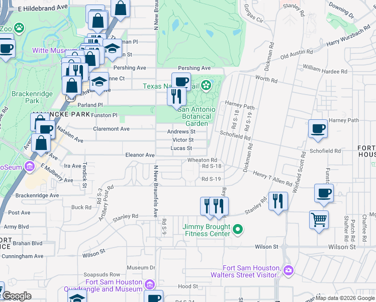 map of restaurants, bars, coffee shops, grocery stores, and more near 231 Lucas Street in San Antonio