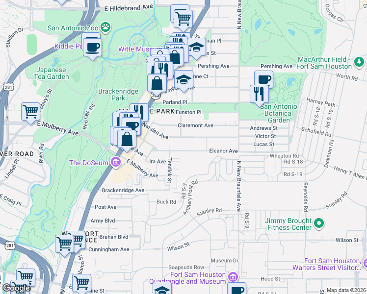 map of restaurants, bars, coffee shops, grocery stores, and more near 276 Natalen Avenue in San Antonio