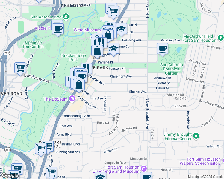 map of restaurants, bars, coffee shops, grocery stores, and more near 276 Natalen Avenue in San Antonio