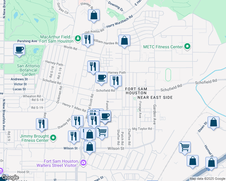 map of restaurants, bars, coffee shops, grocery stores, and more near Schofield Road in San Antonio
