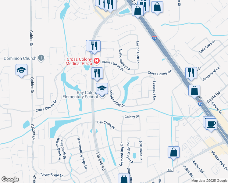map of restaurants, bars, coffee shops, grocery stores, and more near 3119 Meadow Bay Drive in Dickinson