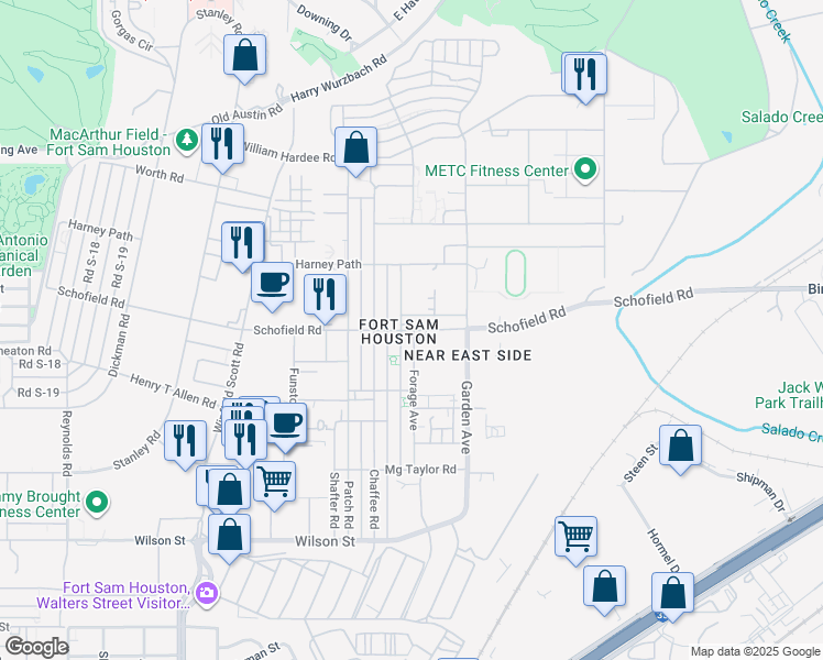 map of restaurants, bars, coffee shops, grocery stores, and more near Schofield Road in San Antonio