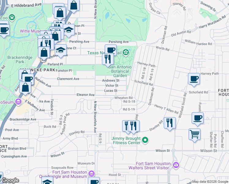 map of restaurants, bars, coffee shops, grocery stores, and more near 231 Lucas Street in San Antonio