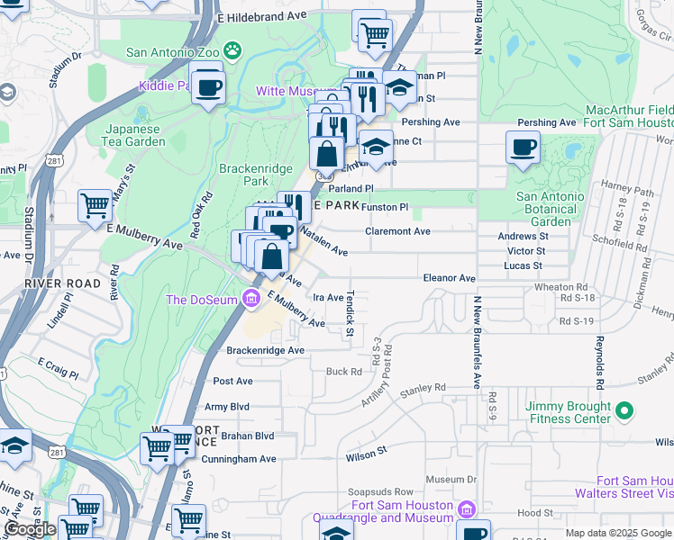 map of restaurants, bars, coffee shops, grocery stores, and more near 327 Eleanor Avenue in San Antonio