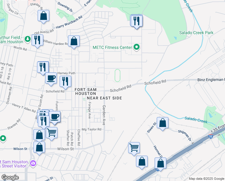 map of restaurants, bars, coffee shops, grocery stores, and more near Schofield Road in San Antonio
