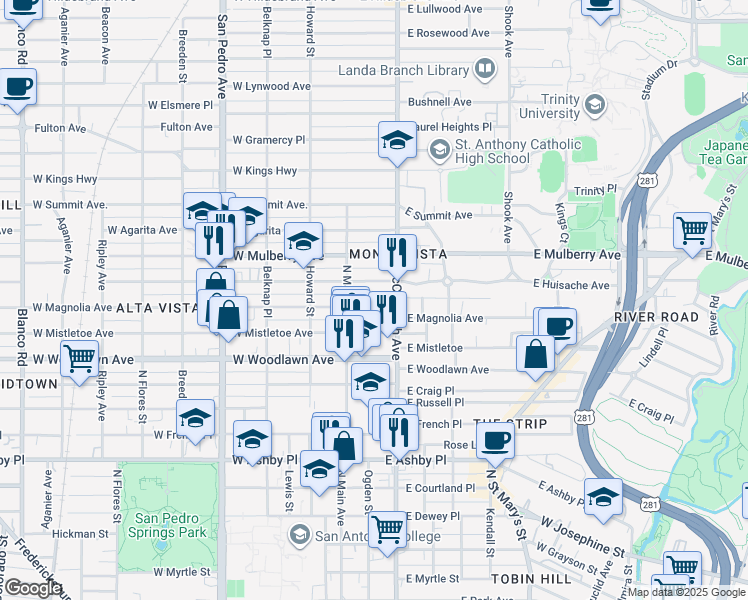 map of restaurants, bars, coffee shops, grocery stores, and more near 124 East Huisache Avenue in San Antonio
