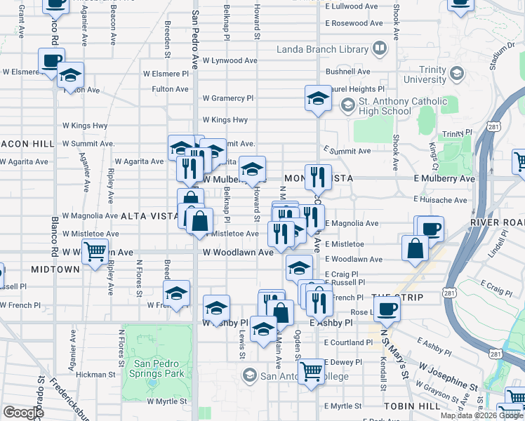 map of restaurants, bars, coffee shops, grocery stores, and more near 108 West Huisache Avenue in San Antonio