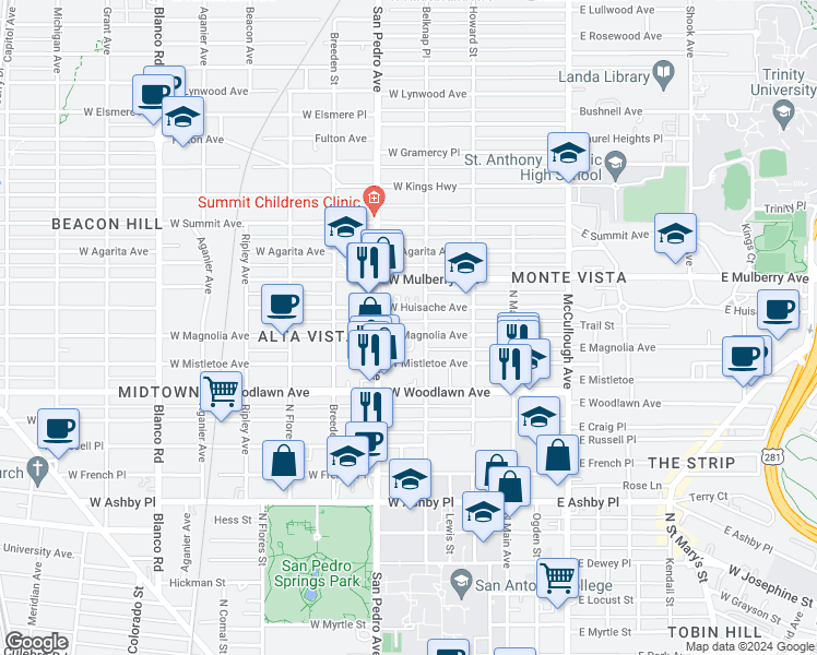 map of restaurants, bars, coffee shops, grocery stores, and more near 302 West Huisache Avenue in San Antonio