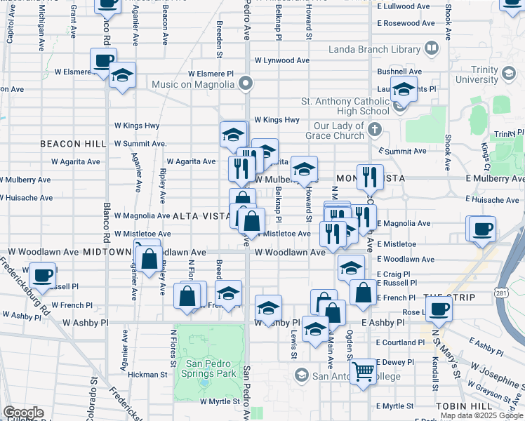 map of restaurants, bars, coffee shops, grocery stores, and more near 2222 San Pedro Avenue in San Antonio