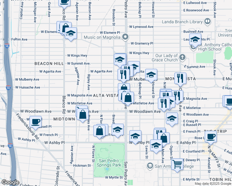 map of restaurants, bars, coffee shops, grocery stores, and more near 430 West Huisache Avenue in San Antonio