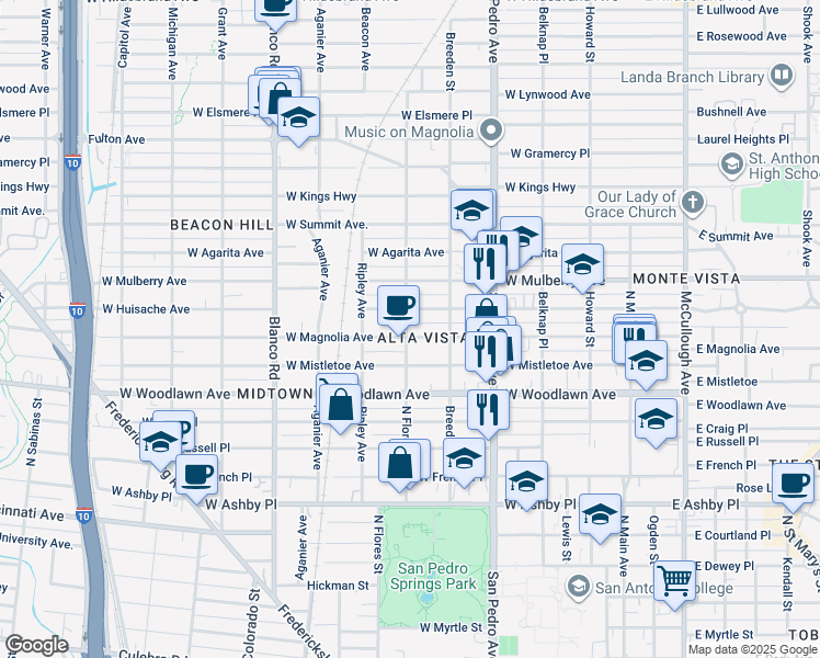map of restaurants, bars, coffee shops, grocery stores, and more near in San Antonio