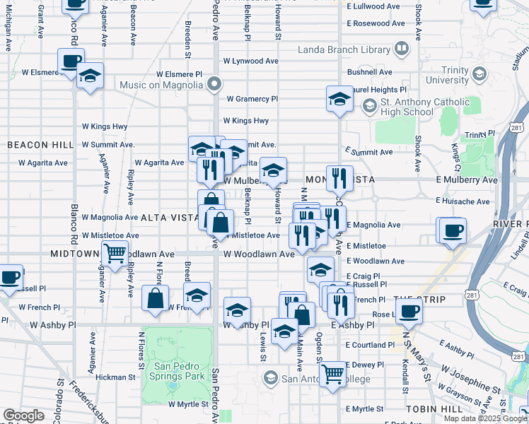 map of restaurants, bars, coffee shops, grocery stores, and more near 182 West Huisache Avenue in San Antonio