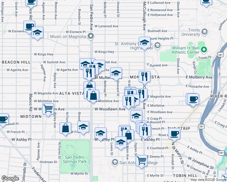 map of restaurants, bars, coffee shops, grocery stores, and more near 182 West Huisache Avenue in San Antonio