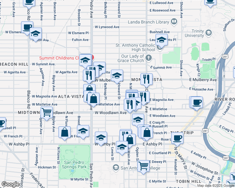 map of restaurants, bars, coffee shops, grocery stores, and more near 182 West Huisache Avenue in San Antonio