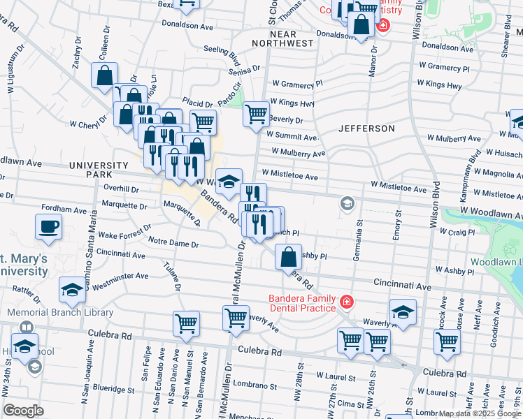 map of restaurants, bars, coffee shops, grocery stores, and more near 154 Saint Cloud in San Antonio