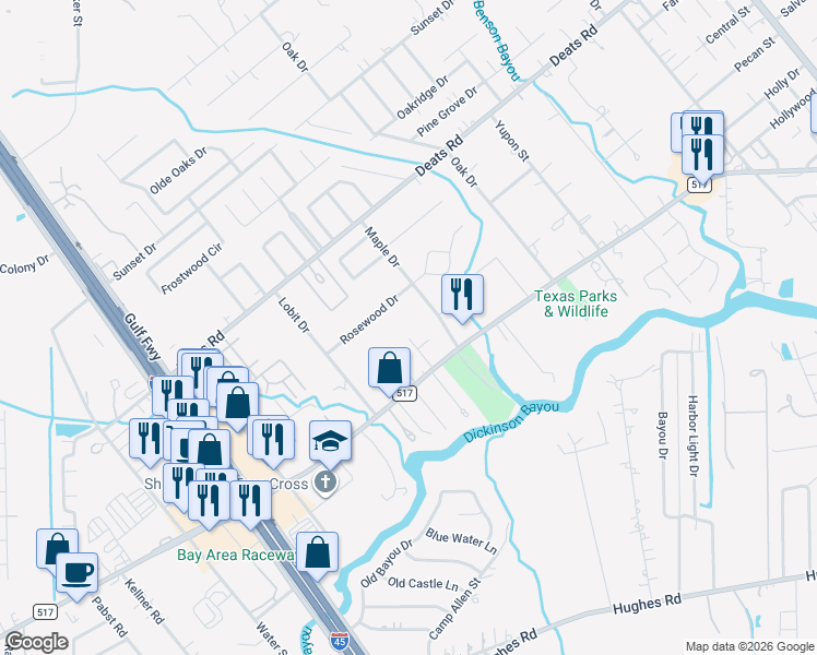 map of restaurants, bars, coffee shops, grocery stores, and more near 3520 Maple Drive in Dickinson