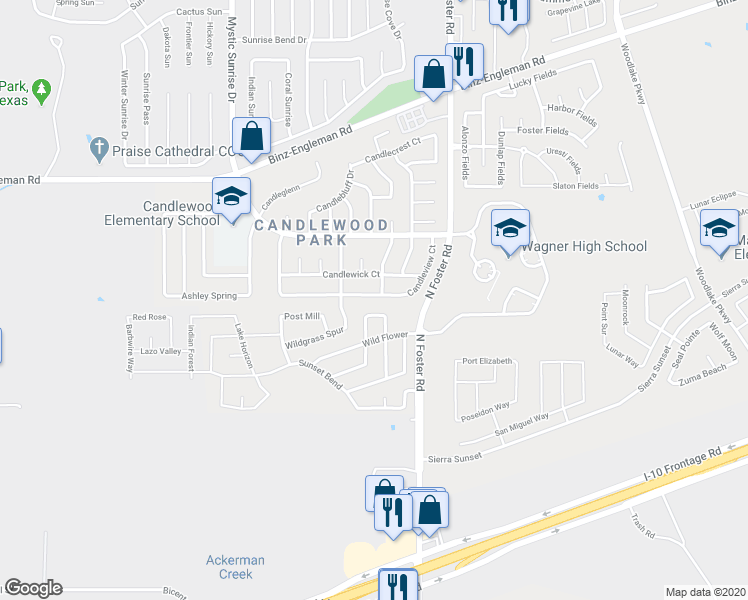 map of restaurants, bars, coffee shops, grocery stores, and more near 6337 Candleview Court in San Antonio