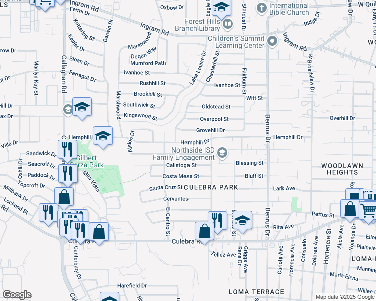 map of restaurants, bars, coffee shops, grocery stores, and more near 5242 Hemphill Drive in San Antonio