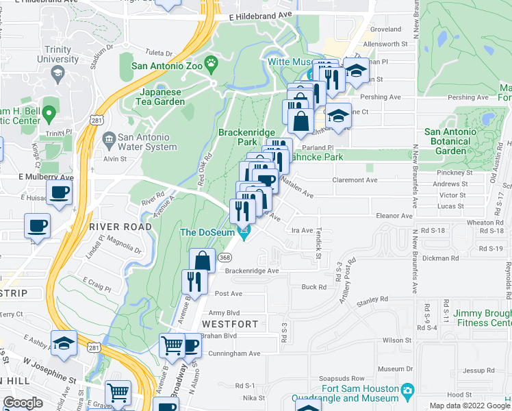 map of restaurants, bars, coffee shops, grocery stores, and more near Broadway St & Ira Ave in San Antonio