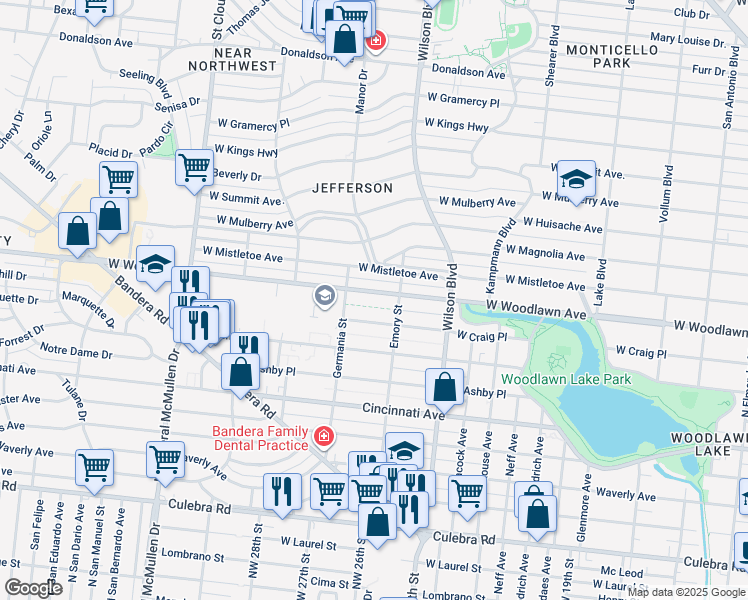 map of restaurants, bars, coffee shops, grocery stores, and more near 2530 W Woodlawn Ave in San Antonio