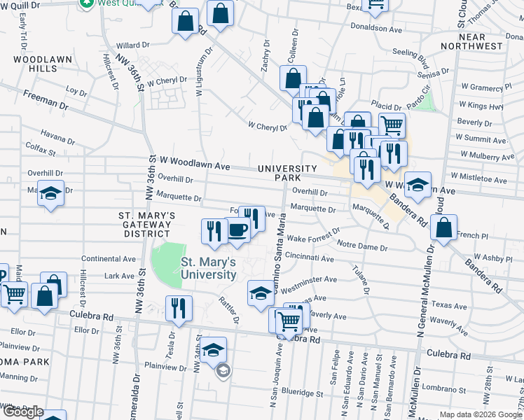 map of restaurants, bars, coffee shops, grocery stores, and more near 534 Marquette Drive in San Antonio