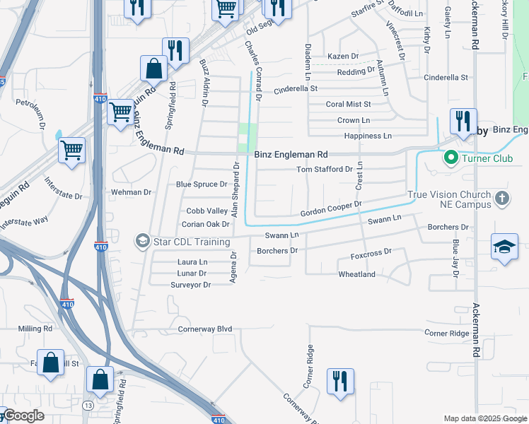 map of restaurants, bars, coffee shops, grocery stores, and more near 5015 Gordon Cooper Drive in San Antonio