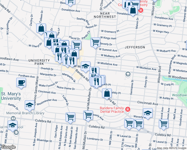 map of restaurants, bars, coffee shops, grocery stores, and more near 154 Saint Cloud in San Antonio