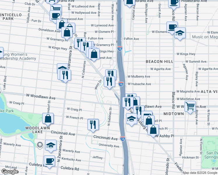 map of restaurants, bars, coffee shops, grocery stores, and more near 1409 West Magnolia Avenue in San Antonio