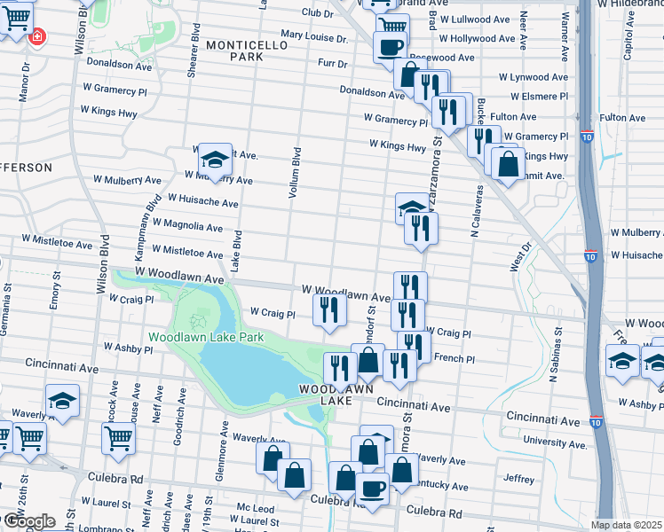 map of restaurants, bars, coffee shops, grocery stores, and more near 401 San Antonio Avenue in San Antonio
