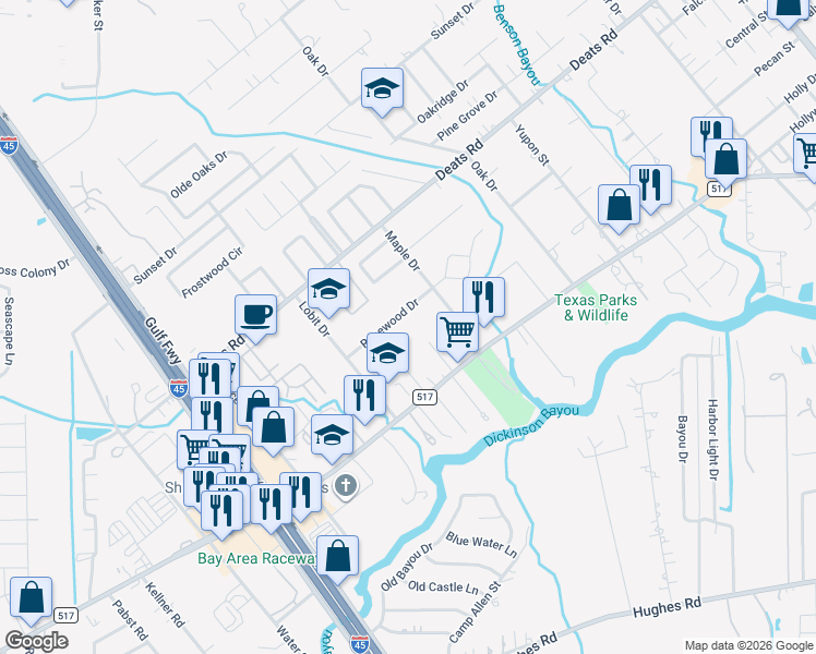 map of restaurants, bars, coffee shops, grocery stores, and more near 904 Rosewood Drive in Dickinson