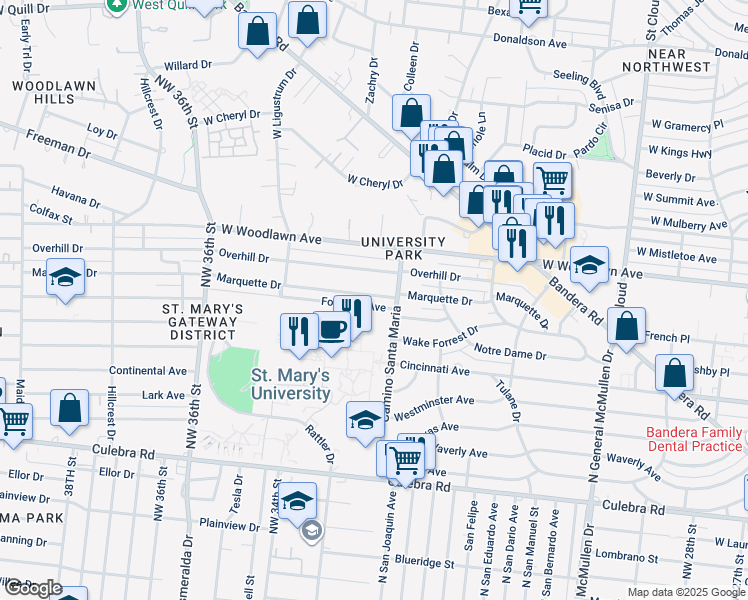 map of restaurants, bars, coffee shops, grocery stores, and more near in San Antonio