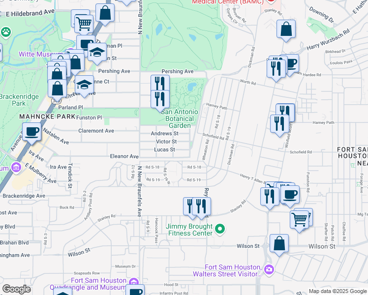 map of restaurants, bars, coffee shops, grocery stores, and more near 317 Lucas Street in San Antonio