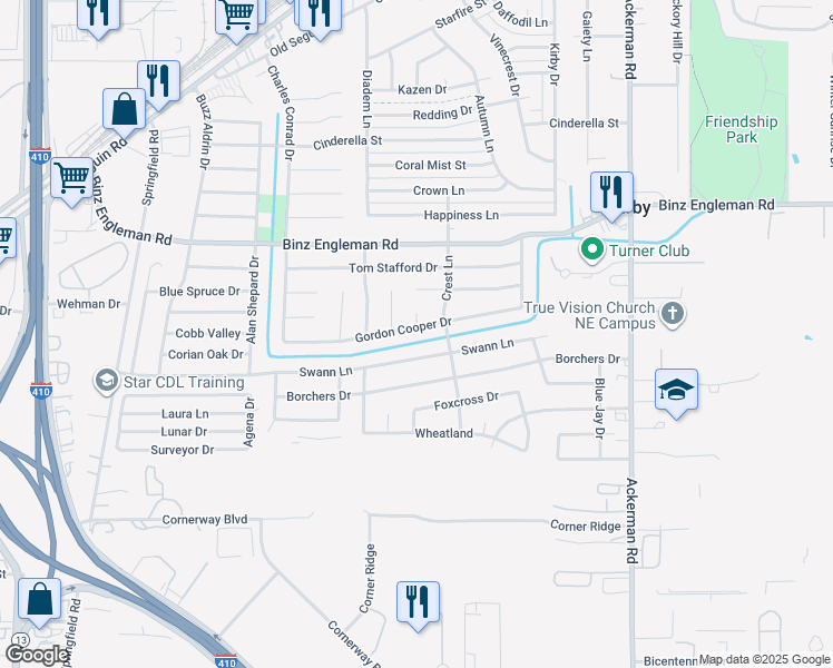 map of restaurants, bars, coffee shops, grocery stores, and more near 5142 Gordon Cooper Drive in San Antonio