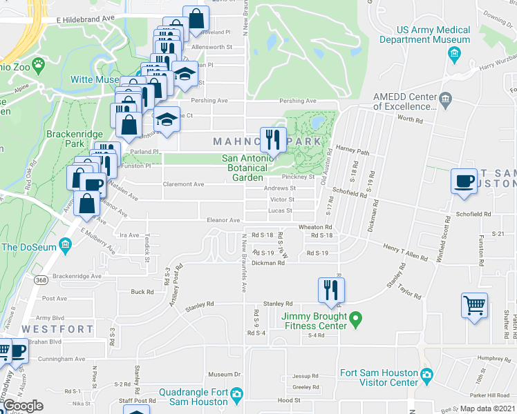 map of restaurants, bars, coffee shops, grocery stores, and more near 127 Lucas Street in San Antonio