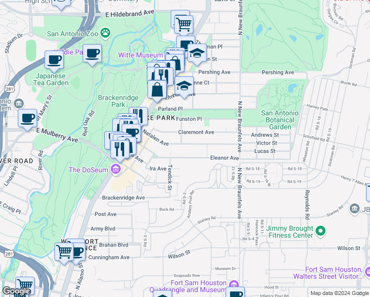 map of restaurants, bars, coffee shops, grocery stores, and more near 276 Natalen Avenue in San Antonio